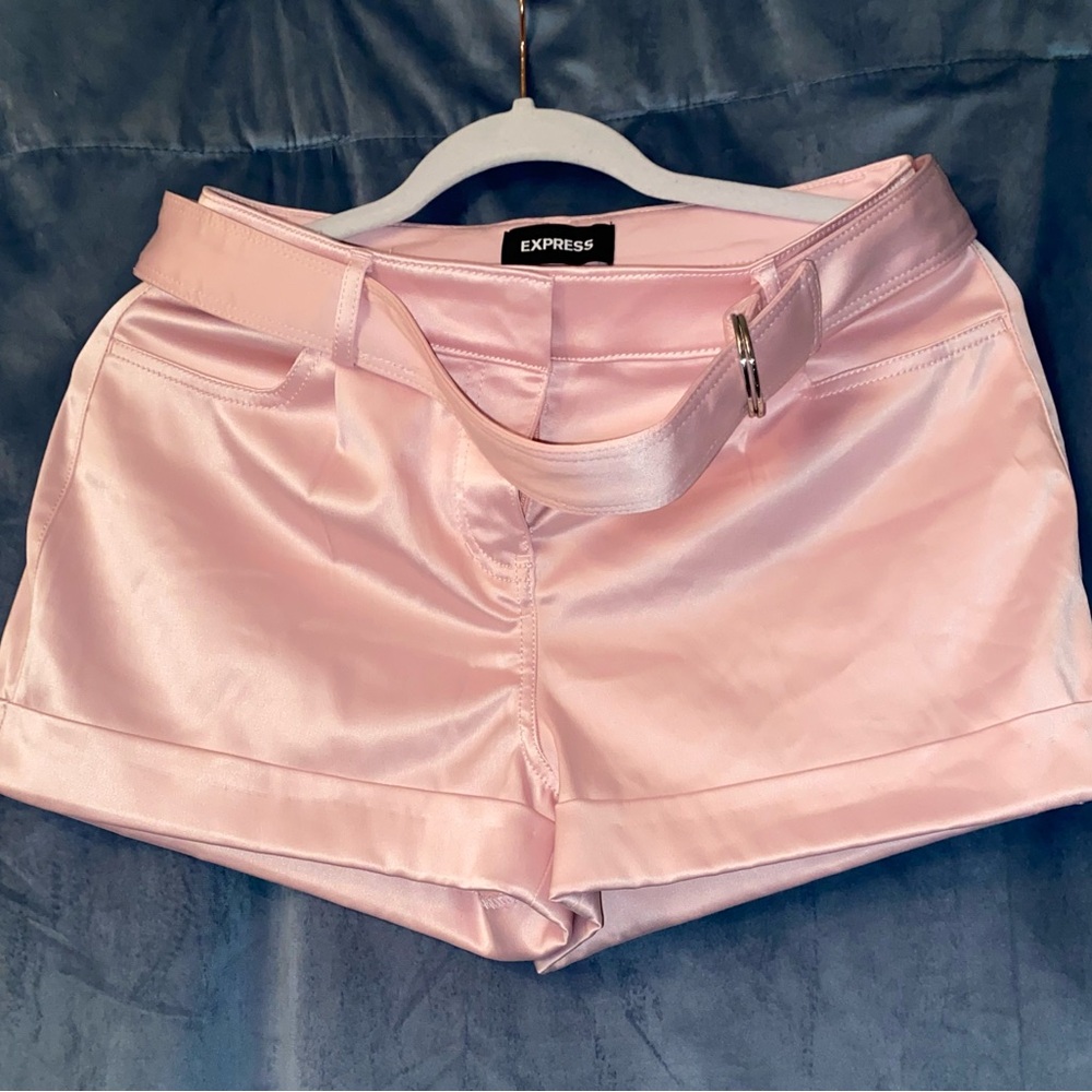 Express Light Pink Satin High Waist Shorts (mid rise)